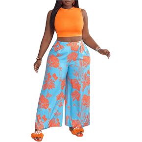 WDIRARA Women's 2 Piece Plus Size Floral Print Outfits Round Neck Sleeveless Tank Top and Wide Leg Pants Set
