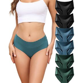 6 Pack Womens High Mid Waisted Briefs Underwear No Show Seamless Full Coverage Ice Silk Soft Stretch Plus Size S-XXL