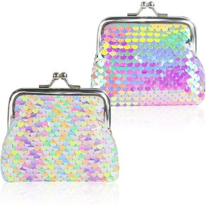 FuninCrea Coin Purse 2 Pieces, Nylon Coin Purses for Women and Girls, Colorful and Double Sided Sequin Coin Wallet, Mini Purse with Kiss Lock for Change, Keys, Headset, Lipstick