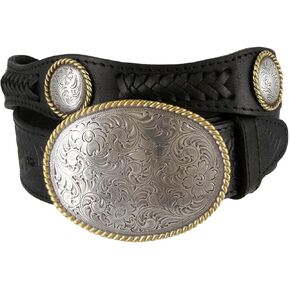 Western Floral Engraved Conchos Belt Genuine Full Grain Leather Belt 1-1/2"(38mm) Wide, Assembled in the U.S