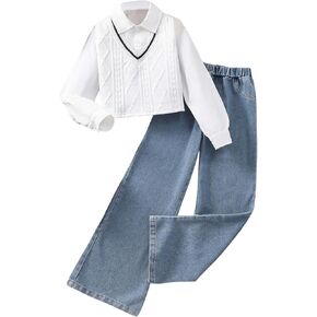 GORGLITTER Girl's 2 Piece Cute Outfits Cable Knit Sweater Vest and Wide Leg Jeans Set