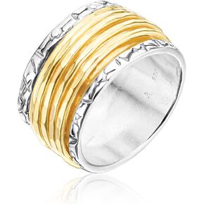925 Sterling Silver Rotating Spinner Ring with 5 One Micron 14K Gold Plated Sterling Silver Hammered Spinner Rings - Hypoallergenic, Nickel & Lead-free - Artisan Handcrafted Designer Collection