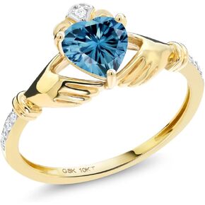 Gem Stone King 10K Yellow Gold 6MM Heart Shape Gemstone Birthstone and White Diamond Irish Celtic Claddagh Engagement Ring | Gold Ring For Women | Available In Size 5, 6, 7, 8, 9