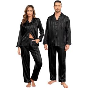 YOZLY Couple Matching Pajamas Set Satin Button Down Silky Sleepwear Long Sleeve Loungewear 2 Pcs Pj Set S-2XL with Pockets