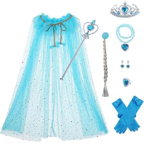 Princess Cape Set Dress Up Accessories Party Cosplay Cloak Costumes with Tiara Crown Wand Wig Golves for Little Girls