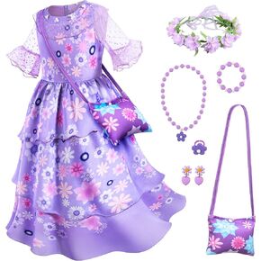 Purple Princess Costume Dress for Girls Birthday Halloween Party Dress Up with Bag Headband Necklace Earrings Ring