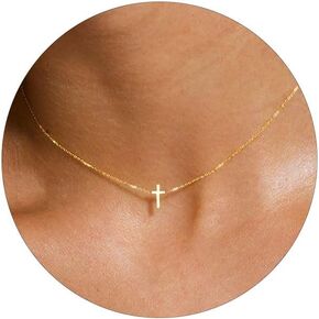 HANLI Cross Necklace for Women, 14k Gold/Silver Plated Dainty Simple Tiny Cross Necklace Cubic Zirconia Cross Sideways Cross Necklace Ankh Virgin Mary Cross Necklace