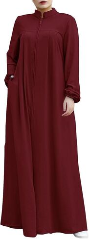 Womens Abaya Muslim Long Sleeve Front Zipper Dress Prayer Islamic Clothes with Pockets in Kuwait