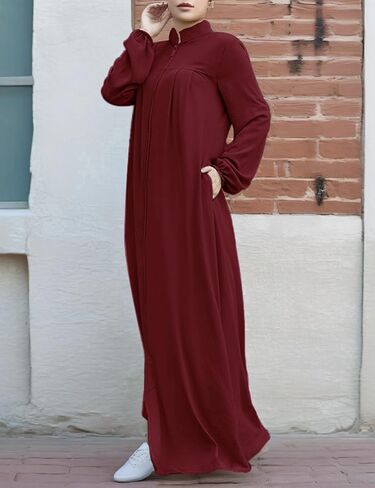 Womens Abaya Muslim Long Sleeve Front Zipper Dress Prayer Islamic Clothes with Pockets in Kuwait