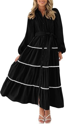 PRETTYGARDEN Womens Casual Dresses Loose Belted Long Lantern Sleeve Tiered Button Down Maxi Shirt Dress with Pockets in Saudi Arabia