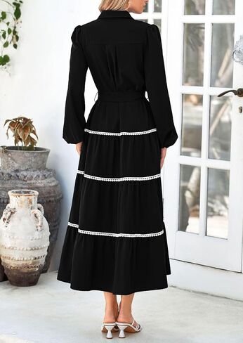 PRETTYGARDEN Womens Casual Dresses Loose Belted Long Lantern Sleeve Tiered Button Down Maxi Shirt Dress with Pockets in Saudi Arabia