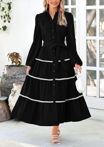 PRETTYGARDEN Womens Casual Dresses Loose Belted Long Lantern Sleeve Tiered Button Down Maxi Shirt Dress with Pockets in Saudi Arabia