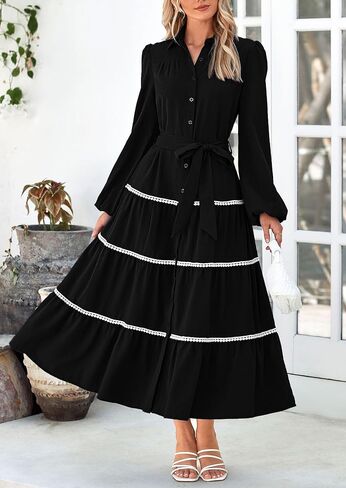 PRETTYGARDEN Womens Casual Dresses Loose Belted Long Lantern Sleeve Tiered Button Down Maxi Shirt Dress with Pockets in Saudi Arabia
