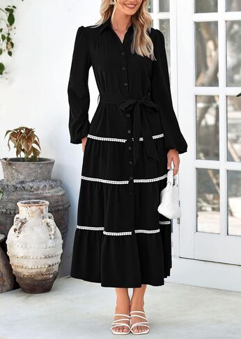 PRETTYGARDEN Womens Casual Dresses Loose Belted Long Lantern Sleeve Tiered Button Down Maxi Shirt Dress with Pockets in Saudi Arabia