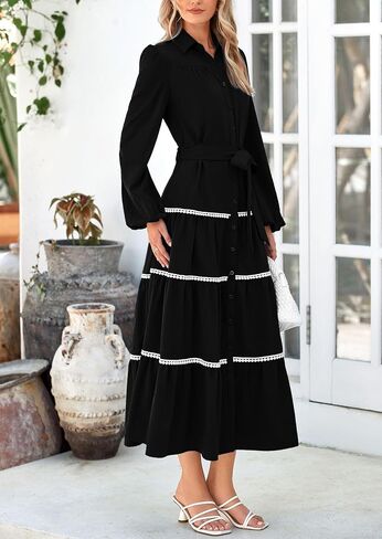 PRETTYGARDEN Womens Casual Dresses Loose Belted Long Lantern Sleeve Tiered Button Down Maxi Shirt Dress with Pockets in Saudi Arabia