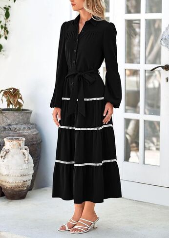 PRETTYGARDEN Womens Casual Dresses Loose Belted Long Lantern Sleeve Tiered Button Down Maxi Shirt Dress with Pockets in Saudi Arabia