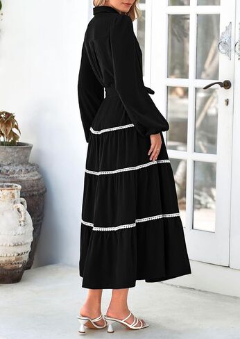PRETTYGARDEN Womens Casual Dresses Loose Belted Long Lantern Sleeve Tiered Button Down Maxi Shirt Dress with Pockets in Saudi Arabia