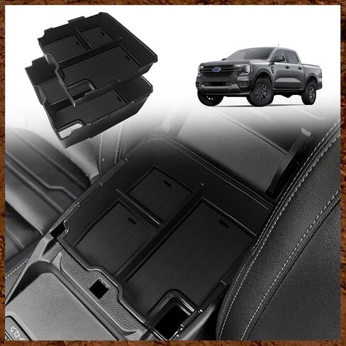 منظم وحدة التحكم المركزية Muslogy متوافق مع Ford Ranger 2024 2025 وملحقات Raptor صندوق تخزين من طبقتين، صينية إدراج مقسم تخزين ثانوي، صندوق مسند الذراع، صندوق قفازات مصنوع من مادة ABS (أسود) in Kuwait