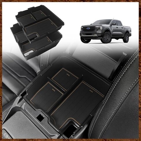 منظم وحدة التحكم المركزية Muslogy متوافق مع Ford Ranger 2024 2025 وملحقات Raptor صندوق تخزين من طبقتين، صينية إدراج مقسم تخزين ثانوي، صندوق مسند الذراع، صندوق قفازات مصنوع من مادة ABS (أسود) in Kuwait