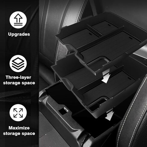 منظم وحدة التحكم المركزية Muslogy متوافق مع Ford Ranger 2024 2025 وملحقات Raptor صندوق تخزين من طبقتين، صينية إدراج مقسم تخزين ثانوي، صندوق مسند الذراع، صندوق قفازات مصنوع من مادة ABS (أسود) in Kuwait