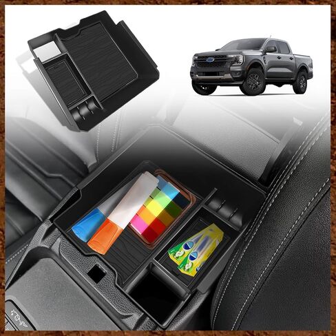 منظم وحدة التحكم المركزية Muslogy متوافق مع Ford Ranger 2024 2025 وملحقات Raptor صندوق تخزين من طبقتين، صينية إدراج مقسم تخزين ثانوي، صندوق مسند الذراع، صندوق قفازات مصنوع من مادة ABS (أسود) in Kuwait