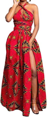 Vimoisa Women Sexy Boho African Long Maxi Dress V-Neck Multi-Way Pleated Floral Print Dresses in Kuwait