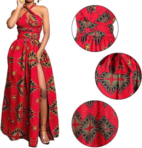 Vimoisa Women Sexy Boho African Long Maxi Dress V-Neck Multi-Way Pleated Floral Print Dresses in Kuwait