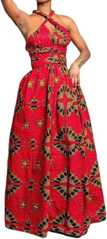 Vimoisa Women Sexy Boho African Long Maxi Dress V-Neck Multi-Way Pleated Floral Print Dresses in Kuwait