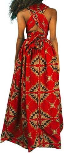 Vimoisa Women Sexy Boho African Long Maxi Dress V-Neck Multi-Way Pleated Floral Print Dresses in Kuwait