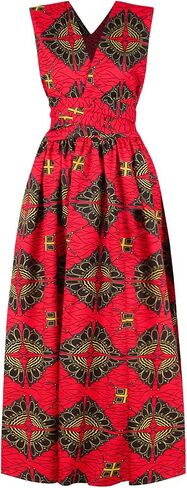 Vimoisa Women Sexy Boho African Long Maxi Dress V-Neck Multi-Way Pleated Floral Print Dresses in Kuwait