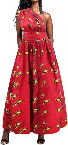 Vimoisa Women Sexy Boho African Long Maxi Dress V-Neck Multi-Way Pleated Floral Print Dresses in Kuwait