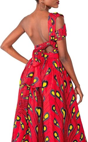 Vimoisa Women Sexy Boho African Long Maxi Dress V-Neck Multi-Way Pleated Floral Print Dresses in Kuwait