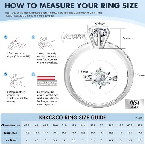 KRKC&CO Moissanite Rings for Women, 0.5-2.0 CT Engagement Rings, D Color VVS1 Clarity, White Gold Plated S925 Sterling Silver, Promise in Kuwait