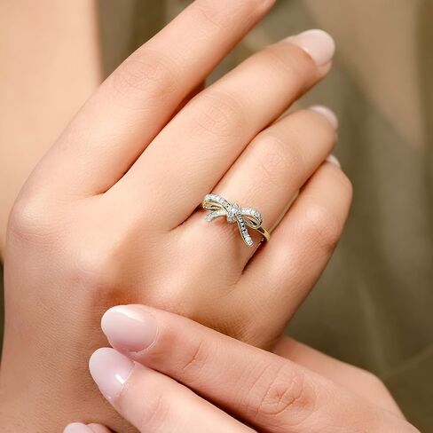 Cali Trove 1/10 cttw Diamond Ribbon Bow Rings for women |14kt Vermeil plated 925 Sterling Silver Rings for Women - Mother's Day gift for Mom | Bow Gold Ring for Women | Bowknot promise rings for her in Saudi Arabia
