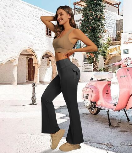YOAKUKA Butt Lifting Flared Leggings for Women with Flap Pockets Tummy Control Compression Workout Yoga Pants in Saudi Arabia