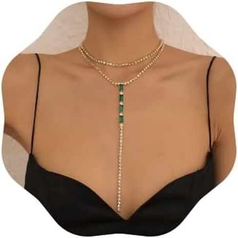 Vcagirest لامعة حجر الراين كريستال المختنق قلادة الأخضر شرابة الماس قلادة مثير كريستال الظهر سلسلة حفلة موسيقية مهرجان بيان مجوهرات للنساء الفتيات (Silver1) in Kuwait