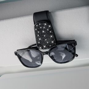 2 Pcs Sunglass Holder for Car, Sunglasses Holder for Car Visor Magnetic Leather Glasses Eyeglass Hanger Clip for Car Sun Visor, Bling Car Accessories for Women Fit All Vehicle - (Black Diamond)