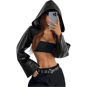 GORGLITTER Women's Pu Leather Shrug Bolero Jacket Long Sleeve Backless Hooded Crop Coat