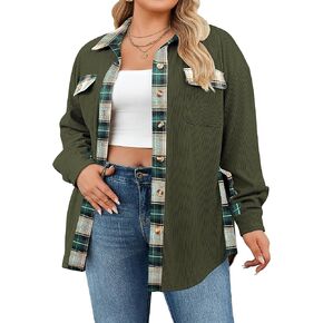 IN'VOLAND Womens Plus Size Corduroy Shacket Jacket Plaid Button Down Shirts Boyfriend Casual Long Sleeves Blouses Tops