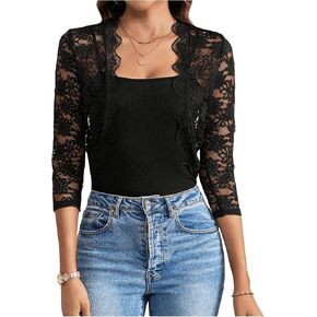 Floerns Women's Sheer Lace 3/4 Sleeve Cardigan Scallop Trim Open Lightweight Jacket