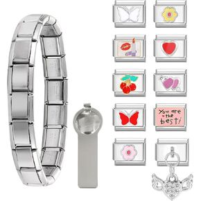 papasgix Italian Charm Bracelet Set with Starter Brascelet, Assorted Charms and Opening Tools, 9mm Modular Italian Charm Bracelet Links Handmade DIY Jewelry Gifts Love Diamond