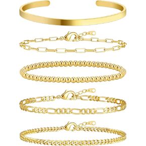 Wowshow Gold Bracelets for Women Bracelet Stack Set 14K Real Gold Plated Link Charm Bracelet Dainty Link Chain Stackable Charm Bracelets Adjustable Bangle Cuff Bracelet Pack Jewelry Gifts for Women