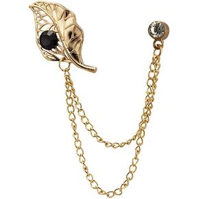A N KINGPiiN Golden Leaf with Stone Detailing Hanging Chain Lapel Pin Suit Collar Lapel Pin, Brooch Suit Stud, Shirt Studs Men's Accessories