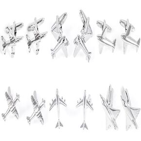Plane Airplane Pilot Jets 6 Pairs Cufflinks in a Presentation Gift Box, Collar Tabs & Polishing Cloth