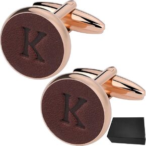 Silver Rose Gold Cuff Links Men, Leather Stainless Steel Cufflinks for Men Initial Letter Personalized Cuff Links with Gift Box for Groom Husband Father