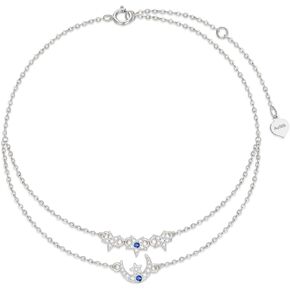 Solid 14K Gold Layered Anklet for Women, Real Gold Moon and Star Ankle Bracelet Summer Beach Anklets Fine Jewelry Anniversary Birthday Gifts for Women Wife, 8''+2''