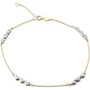 10K Yellow Gold .5mm Rolo Chain with 3 White Gold Diamond Cut Heart Charms Anklet Adjustable 9" to 10" (#49)