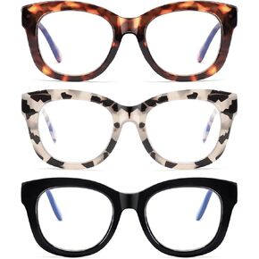 LADEESSE Readers for Women Oprah Style 3 Pack Square Oversized Reading Glasses with Spring Hinge Blue Light Blocking Ladies