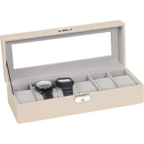 Watch Box for Men, 6 Slot Mens Watch Case, Watch Storage Watch Holder Organizer for Men, Watch Display Case With Glass Lid,Black Synthetic Leather, Gray Lining,Black