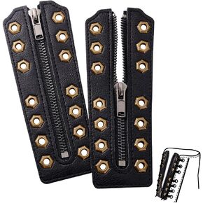PH PandaHall 2pcs Cowhide Leather Lace-in Boot Zipper Inserts, 6.3 x 2.2 Inch Black Eyelets Zipper Boot Laces with 7 Non Isometric Holes No Tie Shoe Laces Zipper for Boots Sneakers, Antique Bronze